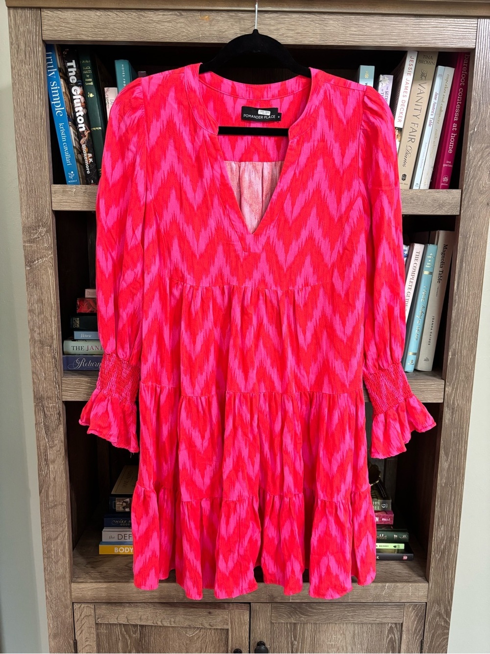Pomander Place Hot Pink Kenzo Ikat V-Neck Dress, Size M